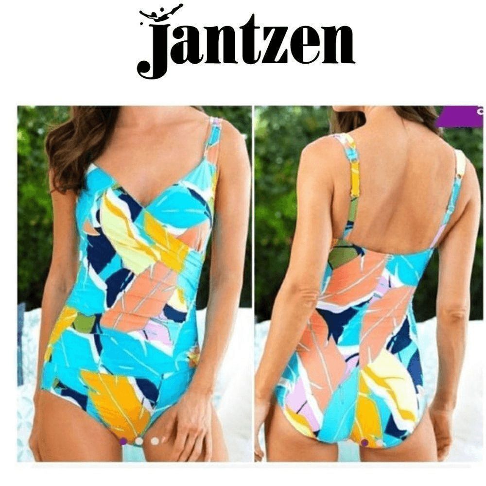 Jantzen Bold feather Navy & Turquoise Feather Surplice Swimsuit sz 6